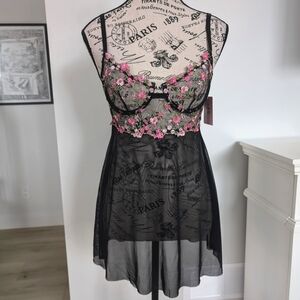 BED OF ROSES | Women's Black/Pink Floral Embroidered Mesh Badydoll Set